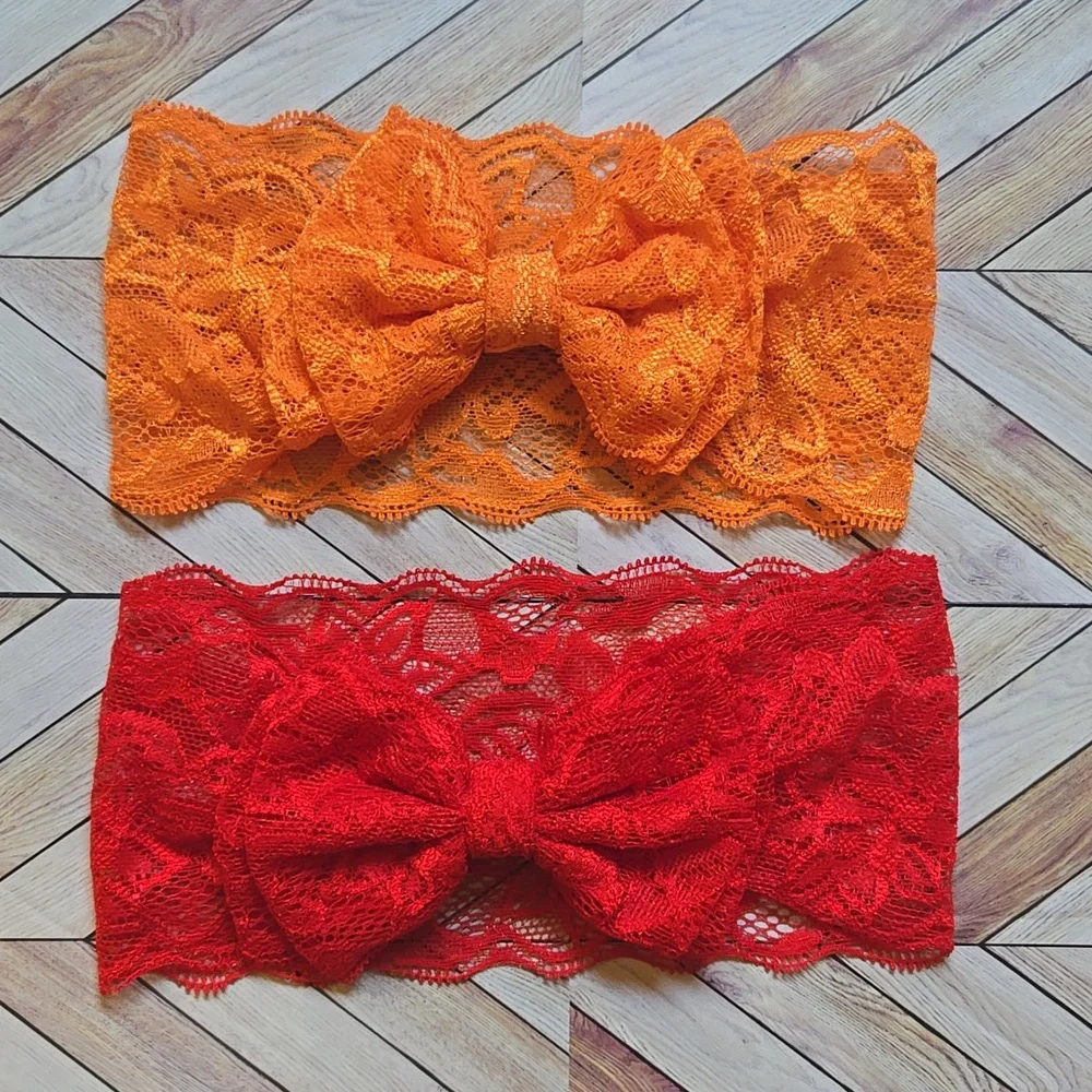 Set of 2 Wide Lace Bow Headbands Orange & Red Stretch Hairband Handmade Bundle
